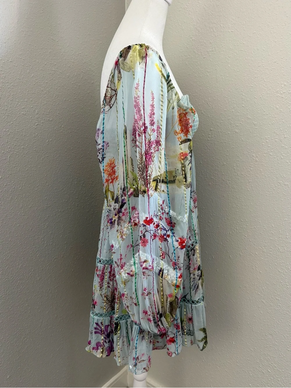 Anthropologie Hemant & Nandita Floral Sequin Off Shoulder Mini Dress XS Boho